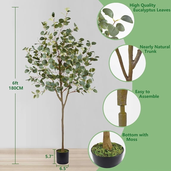 Artificial Eucalyptus Tree, 6ft Tall Fake Eucalyptus Plant with Basket, Green Silver Dollars Silk Leaves Faux Tree for Home Office Livingroom Floor Decor Indoor