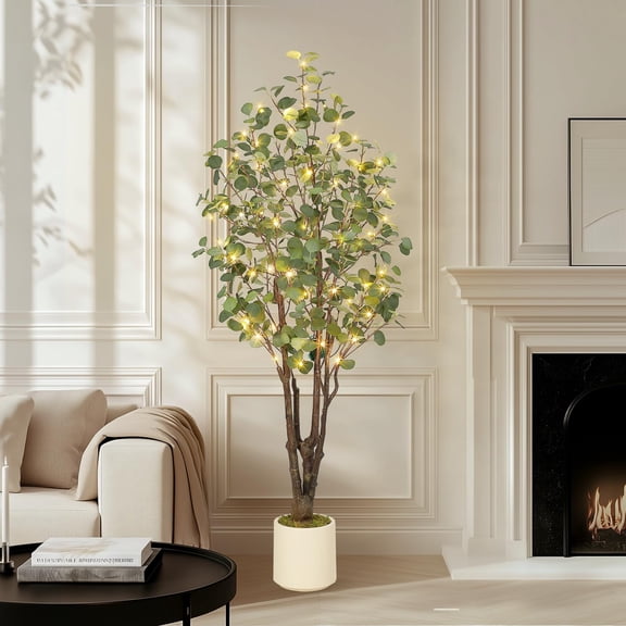 Artificial Eucalyptus Tree Indoor, 5FT/6FT/7FT Tall Fake Artificial Plant with White Planter，Large Faux Floor Plant Fake Silk Trees with 50 Lights Artificial Trees for Home Decor Indoor