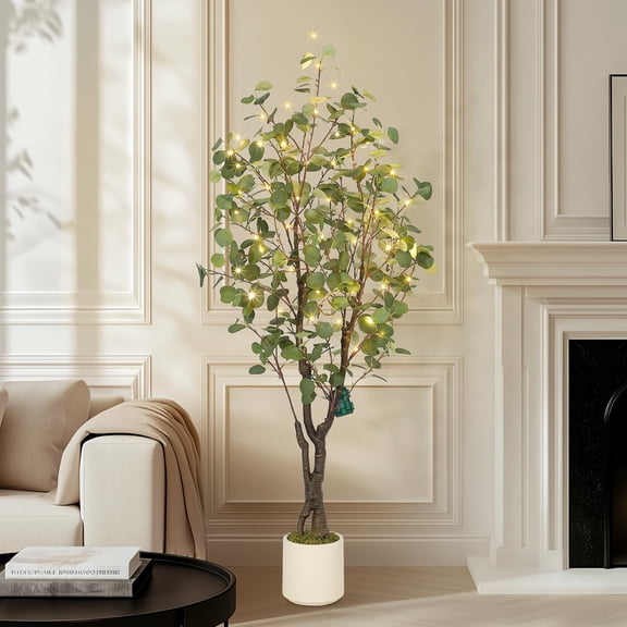 Artificial Eucalyptus Tree Indoor, 5FT/6FT/7FT Tall Fake Artificial Plant with White Planter,Large Faux Floor Plant Fake Silk Trees with 50 Lights Artificial Trees for Home Decor Indoor