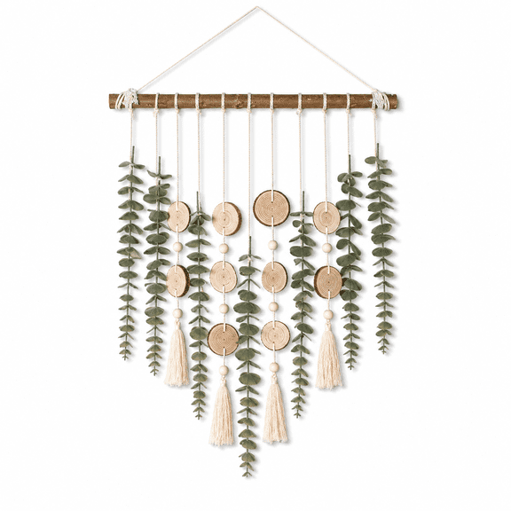 Artificial Eucalyptus Wall Decor, Fake Greenery Leaves Wall Hanging on 16.5 in Wooden Stick, Boho Rustic Farmhouse Decor with Wood Slices Beads and Tassels for Bedroom Bathroom Kitchen