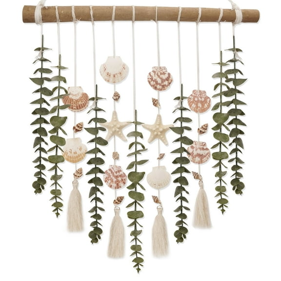 Artificial Eucalyptus Wall Hanging Decor, with Wooden Stick,Chic Boho Rustic Home Wall Art Decor for Bathroom Bedroom Office Living Room (Artificial Eucalyptus Cream Tassels with Shells)