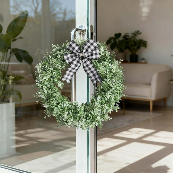 Artificial Eucalyptus Wreath 16 Inch with Bow, Faux Leaf Greenery Wreath for Front Door Wall Window, Spring Home Decor for Indoor and Outdoor Use, Ready to Hang