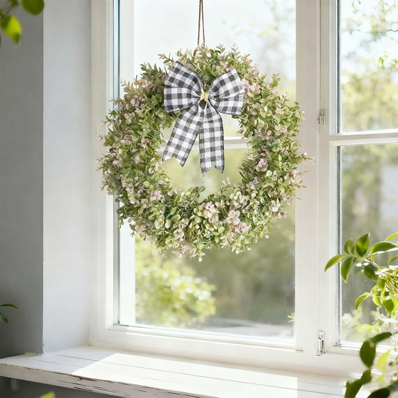 Artificial Eucalyptus Wreath 16 Inch with Bow, Faux Leaf Greenery Wreath for Front Door Wall Window, Spring Home Decor for Indoor and Outdoor Use, Ready to Hang