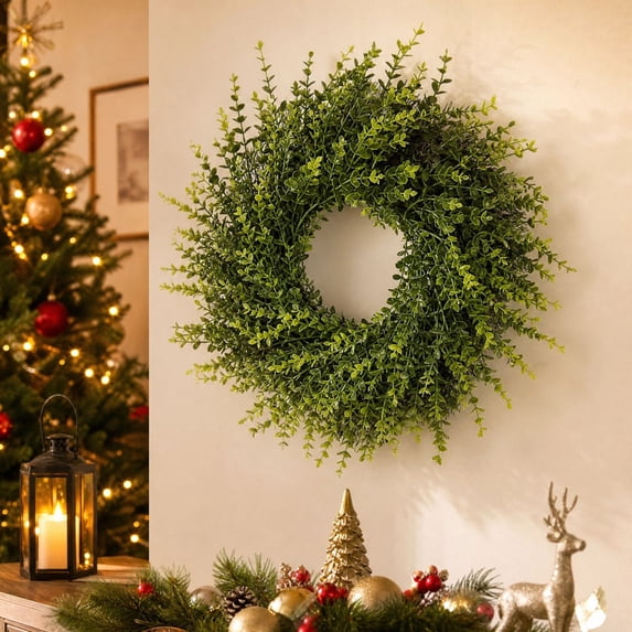 Artificial Eucalyptus Wreath, 17.7 inch Faux Green Leaf Round Wreath ...