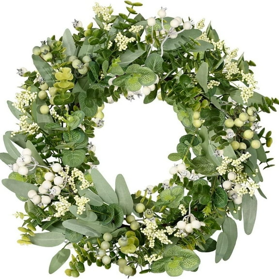 Artificial Eucalyptus Wreath 18 Inch with Greenery Leaves Berries for Front Door, All Season Farmhouse Wreath for Spring Summer Indoor Outdoor Decor