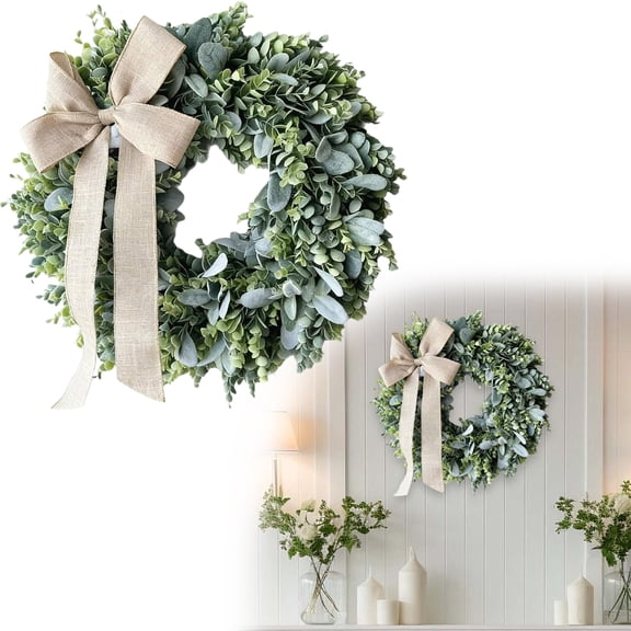 Artificial Eucalyptus Wreath with Linen Bow, Farmhouse Faux Wreath for Front Door, Wall, Table Centerpiece, Home Hanging Decor, 13.8 inch