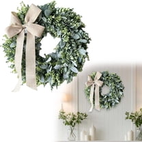 Artificial Eucalyptus Wreath with Linen Bow, Farmhouse Faux Wreath for Front Door, Wall, Table Centerpiece, Home Hanging Decor, 13.8 inch