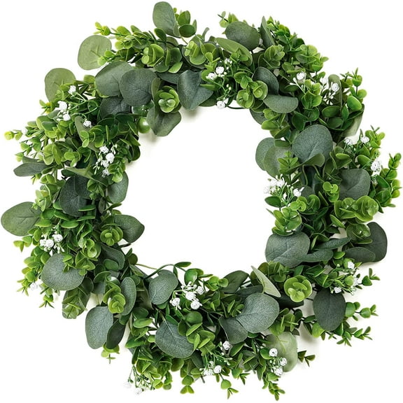 Artificial Eucalyptus Wreaths for Front Door 17 Inch Green Leaves Wreath with White Flower Wall Window Party Decoration