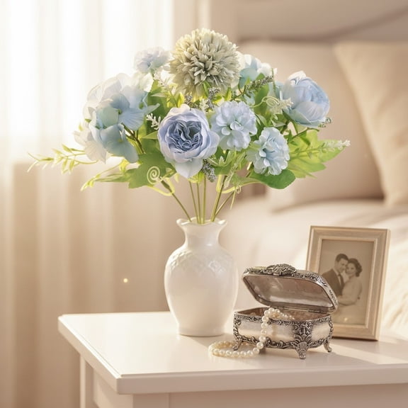 Artificial Fabric Flower Bouquet, Light Blue Rose & Hydrangea Mixed Faux Arrangement, 12.6" Wedding Bridesmaid Hand Holding Flowers, Table Centerpiece for Home Decor