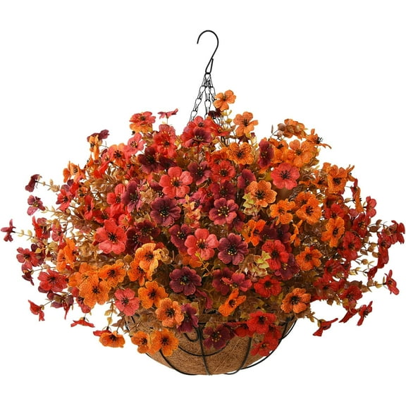 Artificial Fake Fall Hanging Plants Flowers Basket, Faux Silk Daisy in Planter Realistic UV Resistant for Outside Home Patio Balcony Yard Autumn Outdoor Decoration (Orange Brown Red)