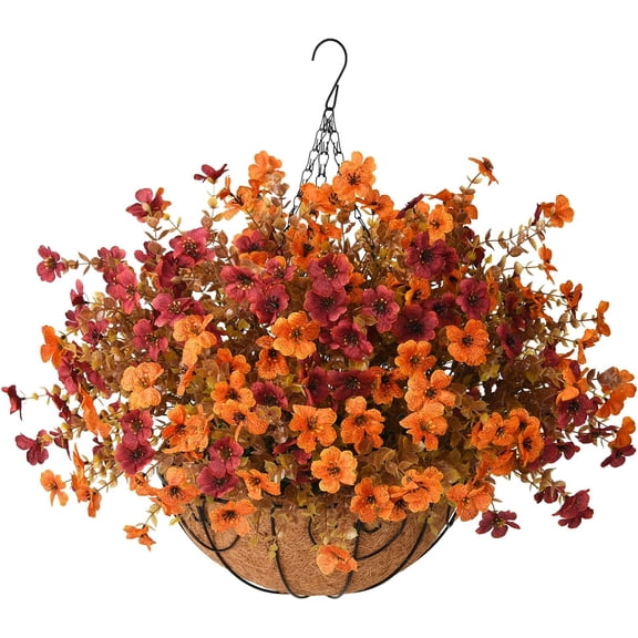 Artificial Fake Fall Hanging Plants Flowers Basket, Faux Silk Daisy in Planter Realistic UV Resistant for Outside Home Patio Balcony Yard Autumn Outdoor Decoration (Orange Brown Red)