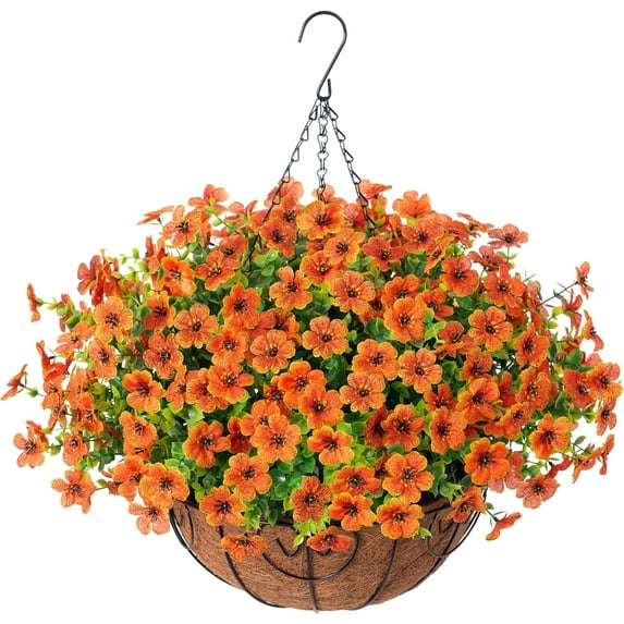 Artificial Faux Hanging Plants Flowers Basket for Summer Outdoor Outside Decoration, Fake Silk UV Sun Resistant Look Real Colorful Daisy Eucalyptus for Porch Home Patio Balcony Yard