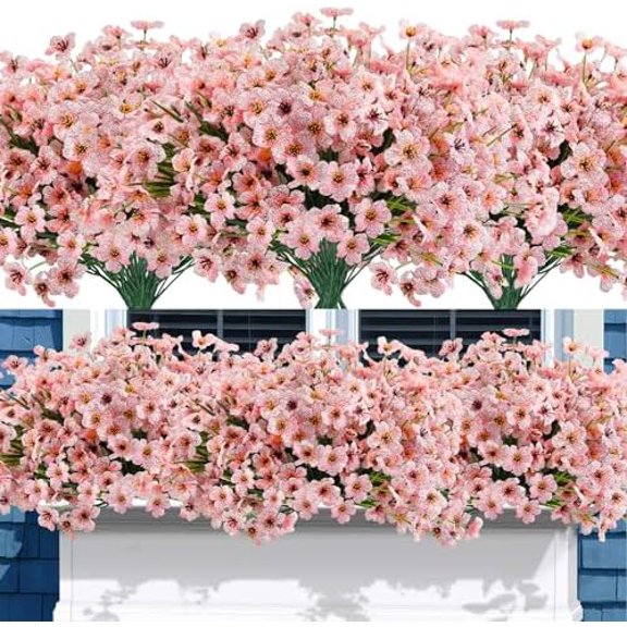 Artificial Fake Flowers, 16 Bundles Outdoor Plastic Flowers Cemetery Flowers UV Resistant No Fade Floral Arrangements Outside Hanging Planter Home Garden Porch Window Box Décor (Pink)
