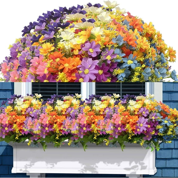 Artificial Fake Flowers, 6 Bundles Daisy Flowers Outdoor, UV Resistant Faux Flowers Shrubs, Artificial Plants for Indoor Outside Hanging Planter Home Wedding Office DIY Garden Porch Decor, Mix Color