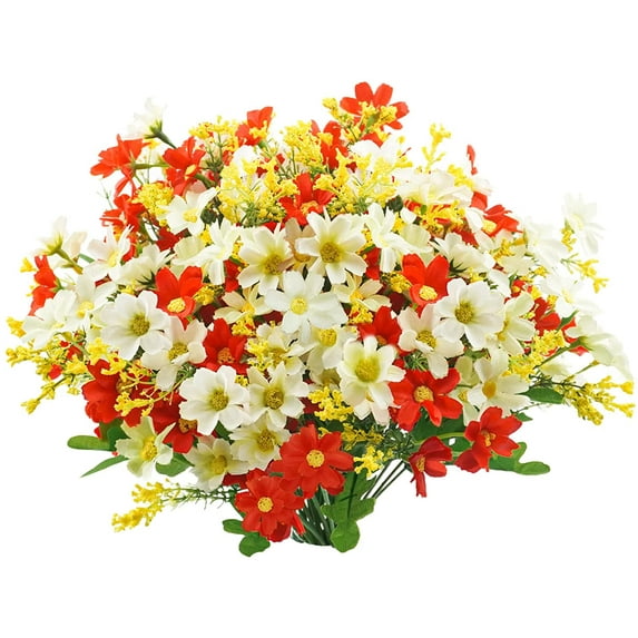 Artificial Fake Flowers, 6 Bundles Daisy Mums Flowers Outdoor UV Resistant No Fade Greenery Shrubs Plants Indoor Outside Hanging Planter Home Wedding Office DIY Garden Porch Décor (Orange Yellow)