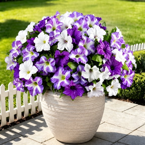 THE BRIVE 6 Pack UV Resistant Artificial Petunias, Realistic Silk Fake Flowers No Fade for Outdoor ,Purple White