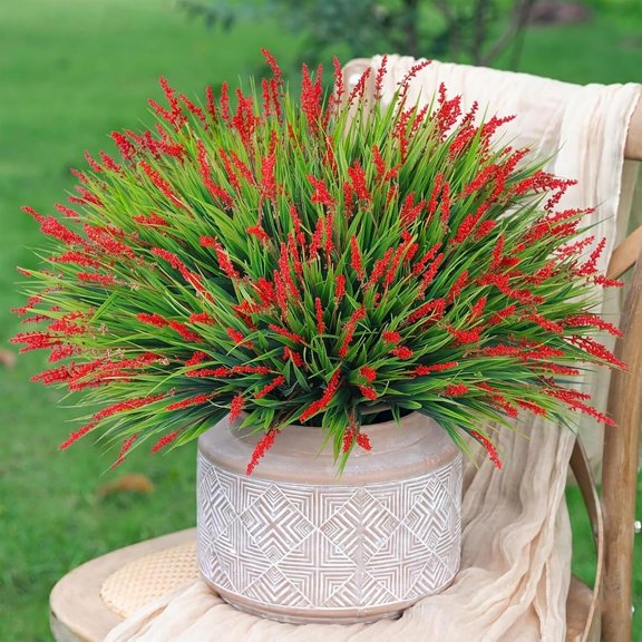 Artificial Fake Flowers Outdoor Plants for Summer Decoration,10 Bundles Faux Plastic Tall Monkey Grass Greenery UV Resistant Realistic Lavender for Home Planter Window Porch Garden-Red