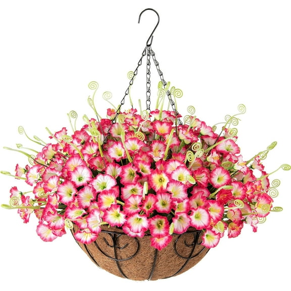 Artificial Fake Flowers Plants Hanging Basket for Outdoor Spring Summer Decoration, Faux Silk Pink Morning Glory Look Real UV Resistant for Outside Home Porch Balcony Garden Yard Patio
