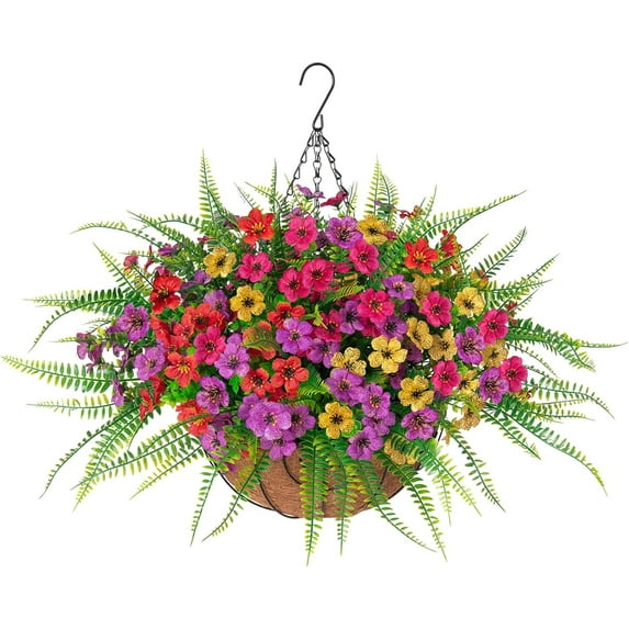 Artificial Fake Flowers Plants Hanging Basket Planter for Outdoor Spring Decor, Faux Silk Pink Azalea Look Real UV Resistant, Home Outside Garden Yard Porch Patio Balcony Decoration