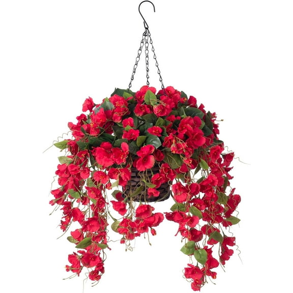 Artificial Fake Flowers Plants Hanging Baskets for Outdoor Porch Spring Decoration, Faux Silk Red Hibiscus Long Vines in Planter UV Resistant Realistic for Home Outside Balcony Patio Yard