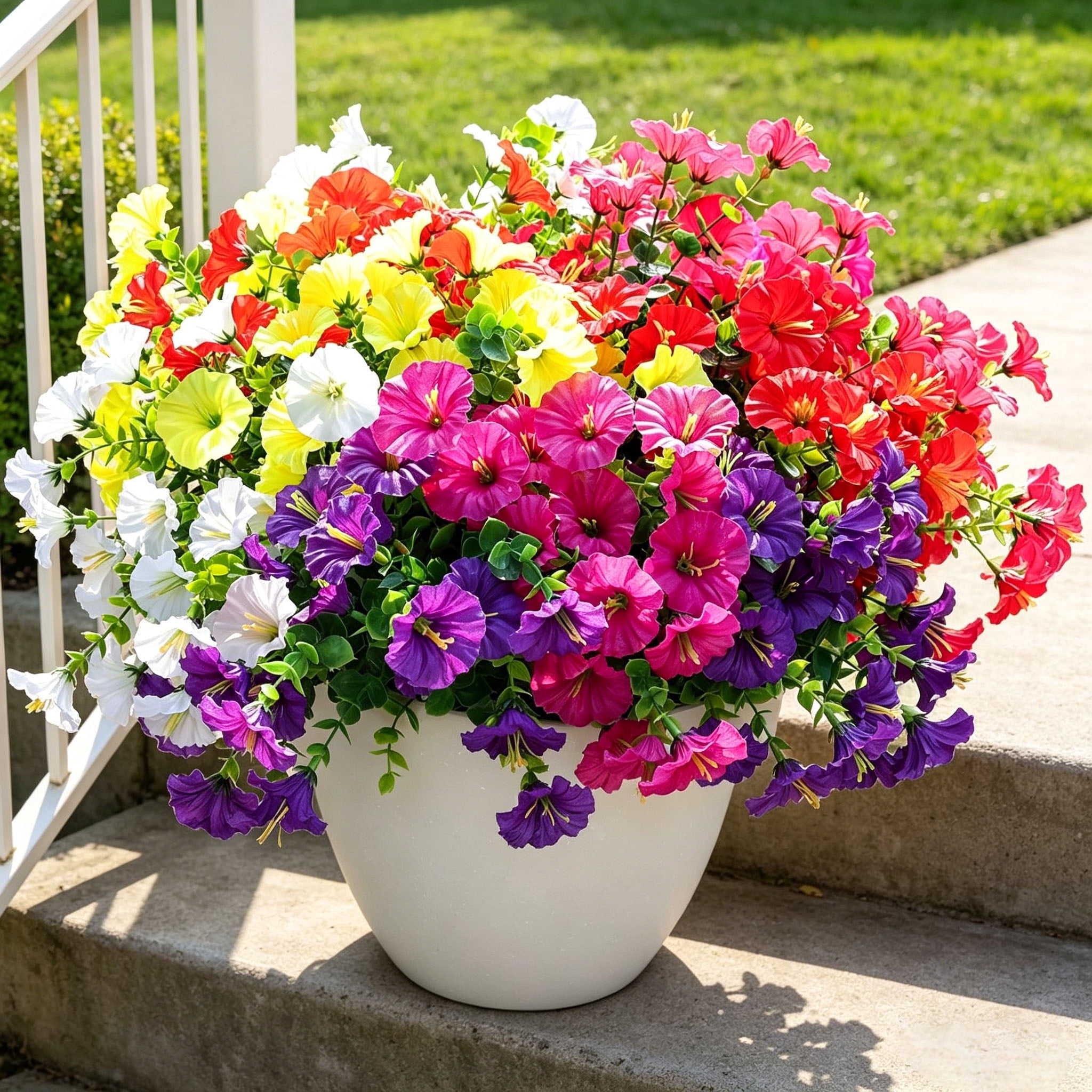 Artificial Flowers for Outdoors Fake Plants Outside Decoration, 12 Bundles Silk Colorful Morning Glory with Eucalyptus UV Resistant Realistic Faux Flowers for Planter Front Door Garden Yard