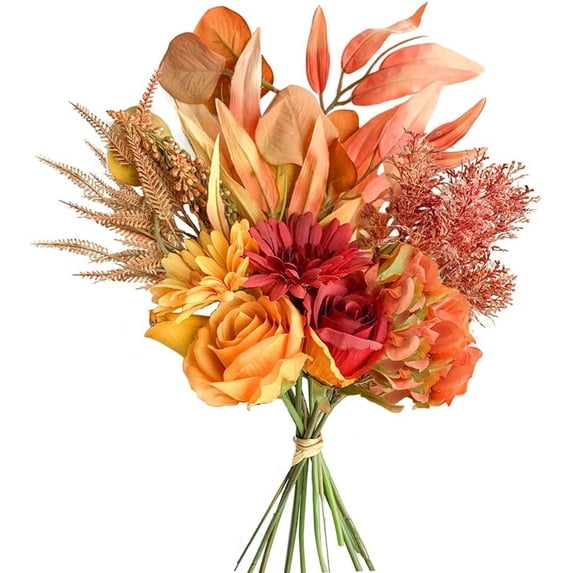 Artificial Fake Flowers Plants Silk Flower Arrangements Wedding Bouquets Decorations Plastic Floral Table Centerpieces for Home Kitchen Garden Party Décor (Autumn red)