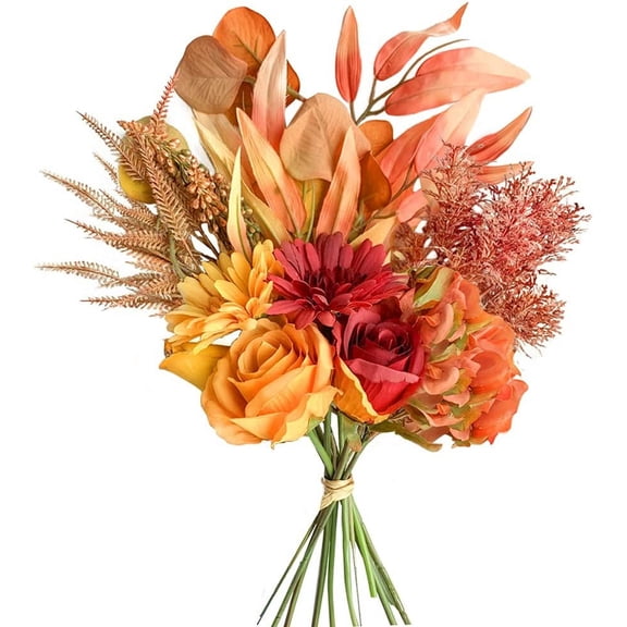 Artificial Fake Flowers Plants Silk Flower Arrangements Wedding Bouquets Decorations Plastic Floral Table Centerpieces for Home Kitchen Garden Party Décor (Autumn red)