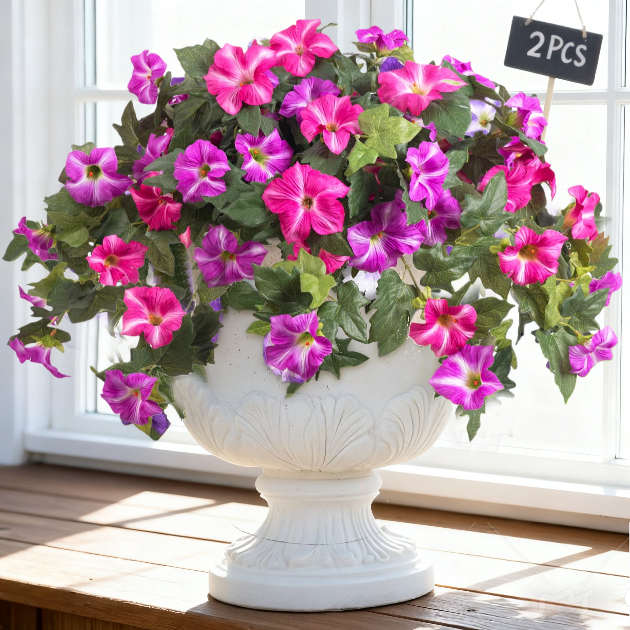 Artificial Fake Flowers Plants for Spring Summer Decoration,2 Pcs No Fade Faux Petunias,UV Resistant Realistic Silk Flowers,for Home Garden Balcony Yard Porch Deco