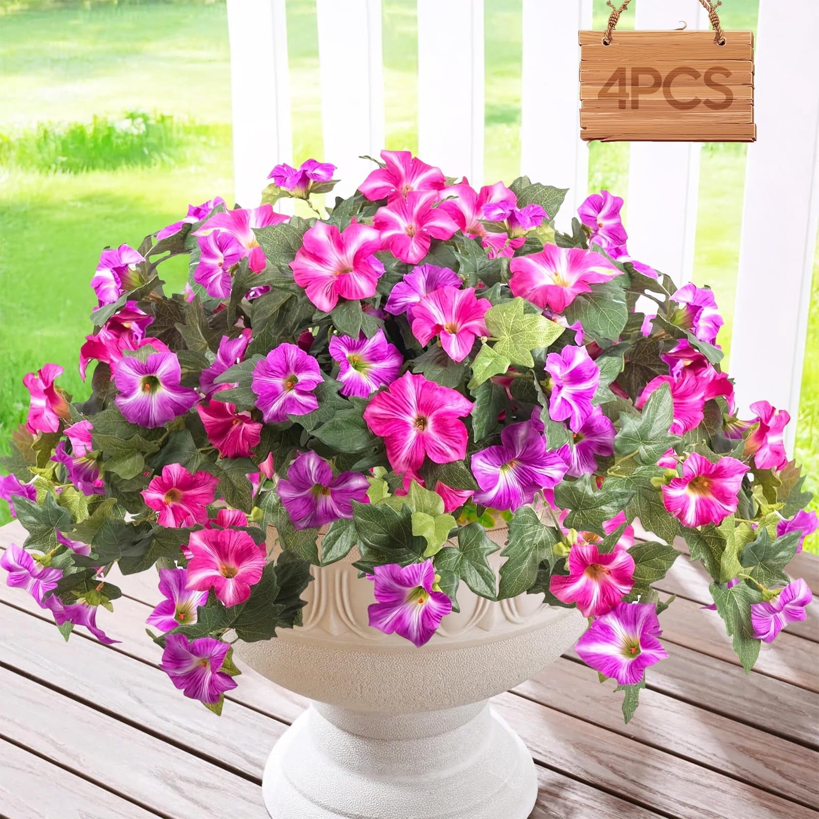 Artificial Fake Flowers Plants for Spring Summer Decoration,4 Pcs No Fade Faux Petunias,UV Resistant Realistic Silk Flowers,for Home Garden Balcony Yard Porch Deco