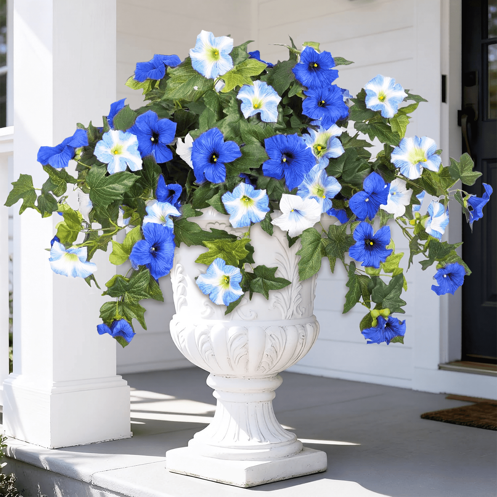 Scidweet Fake Artificial Flowers for Outdoor, 2Pcs Faux Petunias Silk Flowers Plants for Home Outside Garden Balcony Yard Front Porch Indoor Decor, Blue White