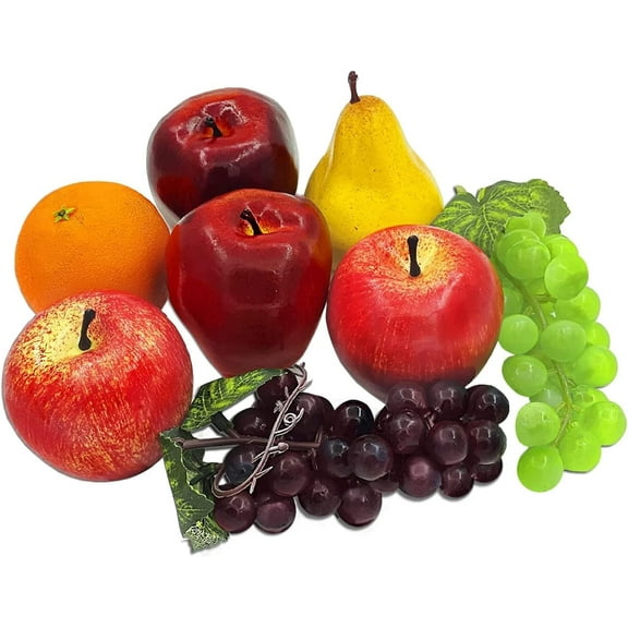 Artificial Fake Fruit, 8 Pcs Faux Fruit Centerpieces Dining Table Decorative, Lifelike Fruits Set Contain Fake Apple, Grape, Orange, Pear for Home Kitchen Décor