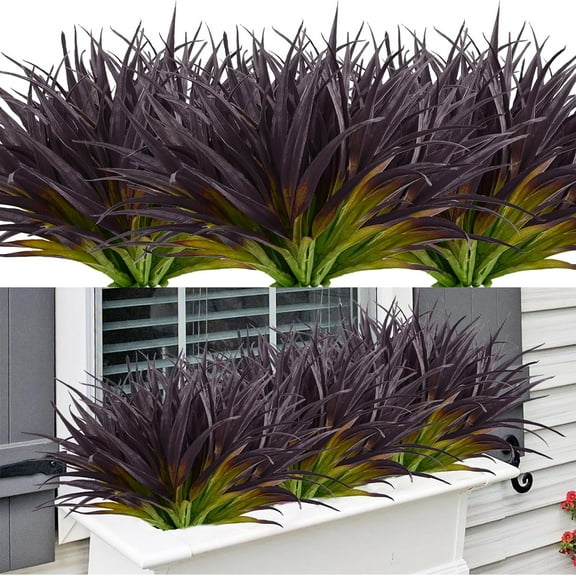 Artificial Fake Grass, 4pcs Outdoor Faux Grasses Plastic Plants Greenery UV Resistant for Outside Home Windowbox Garden Office Patio Hanging Planter Front Porch Décor (Dark Purple)