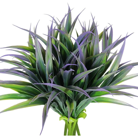 Artificial Fake Grass 8 Pcs Faux Greenery Stems UV Resistant Outdoor Plants Plastic Spring Tropical Bushes for Home Window Garden Office Patio Pathway Front Porch Decor(Purple)