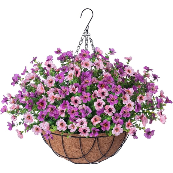 Artificial Fake Hanging Flowers with Basket, Faux Silk Morning Glory Flower Arrangement for Spring Summer Decor, Hanging Plant for Patio Garden Porch Outdoor Decor