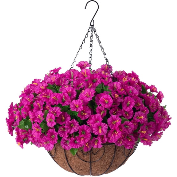 Artificial Fake Hanging Flowers Basket for Spring Decor, Faux Silk Flower in Planter for Summer, Outdoor Artificial Floral for Home Porch Yard