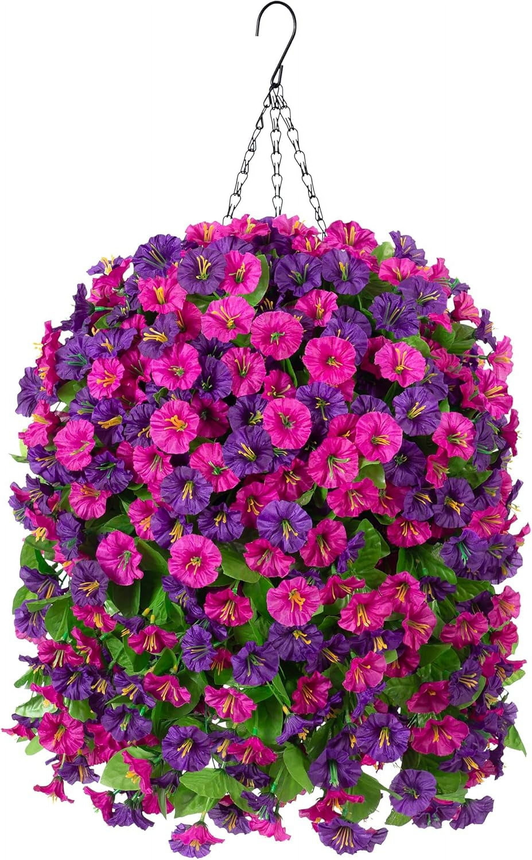 Artificial Fake Hanging Flowers Basket for Spring Decor, Faux Silk Flower in Planter for Summer, Outdoor Artificial Floral for Home Porch Yard