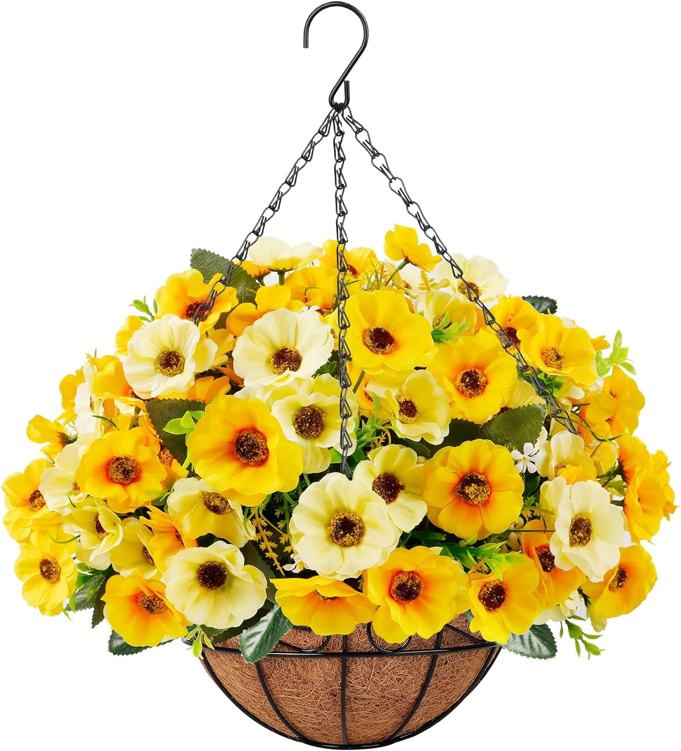 Artificial Fake Hanging Flowers Baskets for Outdoors Spring Summer Decoration Faux Silk Colorful Daisy UV Resistant for Garden Porch Home Patio Balcony Decor