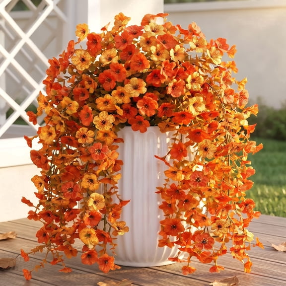 Scidweet Fall Artificial Flowers Outdoors, 2 Pcs Autumn Fake Hanging Flowers Faux Silk Mums Flower UV Resistant No Fade Fall Decorations for Home Outside Patio Yard Garden Porch , Yellow Orange