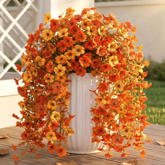 Scidweet Fall Artificial Flowers Outdoors, 2 Pcs Autumn Fake Hanging Flowers Faux Silk Mums Flower UV Resistant No Fade Fall Decorations for Home Outside Patio Yard Garden Porch ,  Yellow Orange