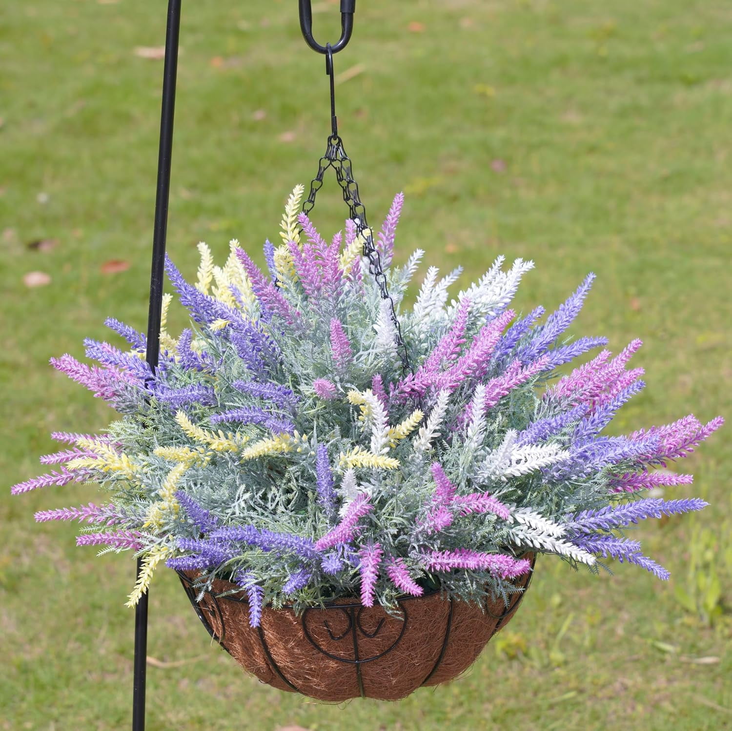 Artificial Fake Hanging Flowers Plants Basket for Outdoor Outside Spring Summer Decoration, Faux Mixed Colorful Lavender in Planter Look Real UV Resistant for Home Patio Porch Balcony Yard