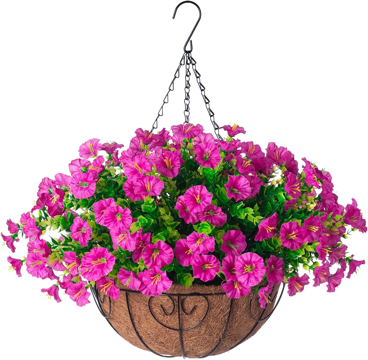 Artificial Fake Hanging Plants Flowers Basket for Outdoor Spring Summer Decoration, Faux Silk UV Sun Resistant Look Real Morning Glory Eucalyptus Fuchsia for Outside Porch Patio Balcony Home