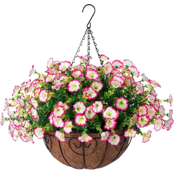 Artificial Fake Hanging Flowers Plants Basket for Outdoor Outside Summer Decoration, Faux Silk Realistic UV Resistant Pink Morning Glory in Planter for Home Porch Patio Balcony Yard