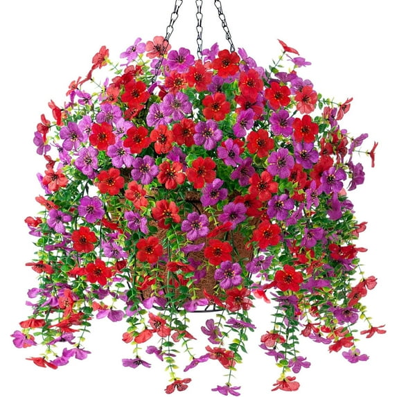 Artificial Fake Hanging Flowers Plants with Basket Outdoor Spring Decoration, Faux Silk Mums Daisies Planter Real Touch UV Resistant for Outside Porch Patio Garden Yard Home Decor (Red Purple)