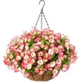 thumbnail image 1 of Artificial Fake Hanging Flowers Plants with Basket Outdoor Spring Decoration, Faux Silk Mums Daisies Planter Real Touch UV Resistant for Outside Porch Patio Garden Yard Home Decor (Red Purple), 1 of 6