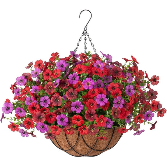 Artificial Fake Hanging Flowers Plants with Basket Outdoor Spring Decoration, Faux Silk Mums Daisies Planter Real Touch UV Resistant for Outside Porch Patio Garden Yard Home Decor (Red Purple)