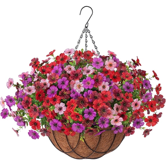 Artificial Fake Hanging Flowers Plants Basket for Outdoor Spring Summer Decoration, Faux Silk Flowers Outside Look Real Morning Glory UV Resistant for Porch Patio Balcony Garden Yard Home Purple
