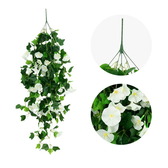 Artificial Fake Hanging Flowers Plants Basket for Spring Outdoor Outside Decoration, UV Resistant Faux Plastic Fabric Flower Morning Glory Petunia for Garden Porch Patio Balcony Yard Decor, White
