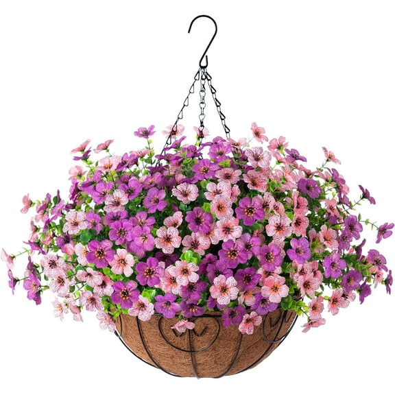 Artificial Fake Hanging Flowers Plants Basket for Summer Outdoor Outside Decoration, Faux Silk Colorful Daisy in Planter Look Real UV Resistant, Home Porch Patio Balcony Yard Decor