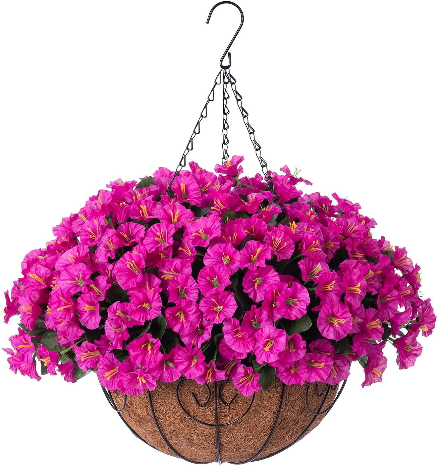 Artificial Fake Hanging Flowers Plants Baskets for Outdoor Outside Summer Decoration, Faux Silk Fuchsia Morning Glory in Planter UV Resistant Realistic for Home Porch Patio Balcony Garden Yard