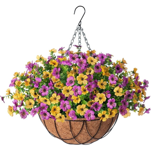 Artificial Fake Hanging Flowers Plants Baskets for Outdoor Outside Summer Decoration, Faux Silk Morning Glory in Planter UV Resistant Realistic for Home Porch Patio Balcony Garden Yard